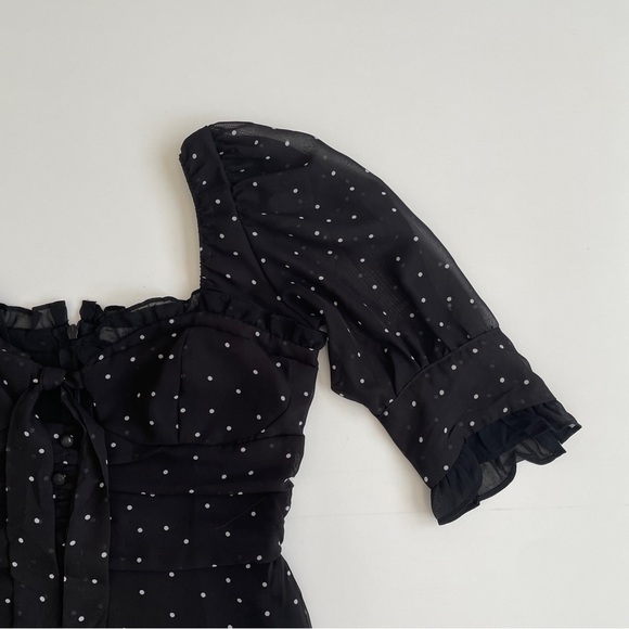 YesStyle Sinora Short-Sleeve Scoop Neck Dotted Mini Smock Dress - Picture 11 of 16